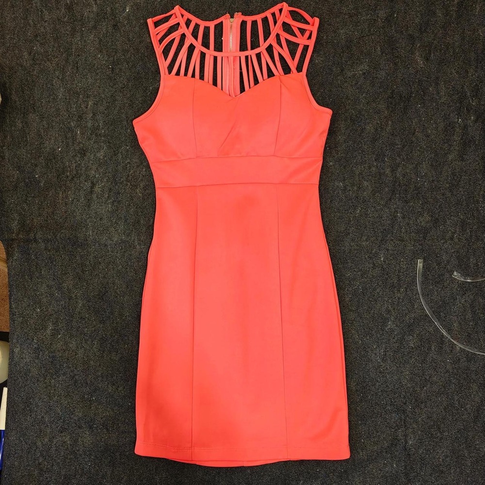 Charlotte Russe Neon Coral Cage Neck Bodycon Dress Pink Mini Medium